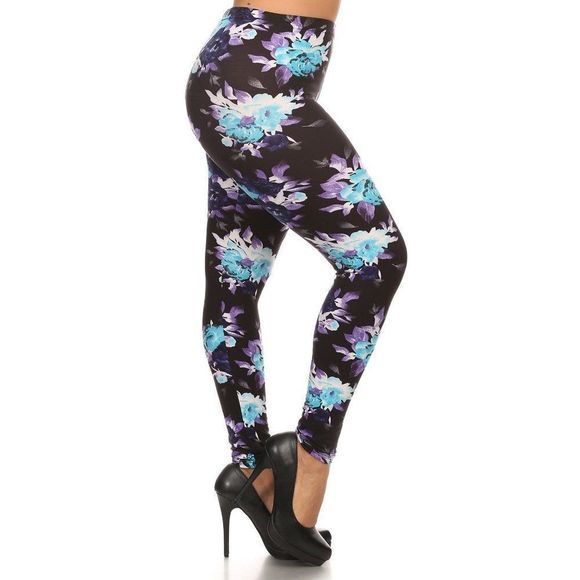 (Plus) Curvy Black Teal Navy Floral Pattern Print Leggings - Picture 1 of 5
